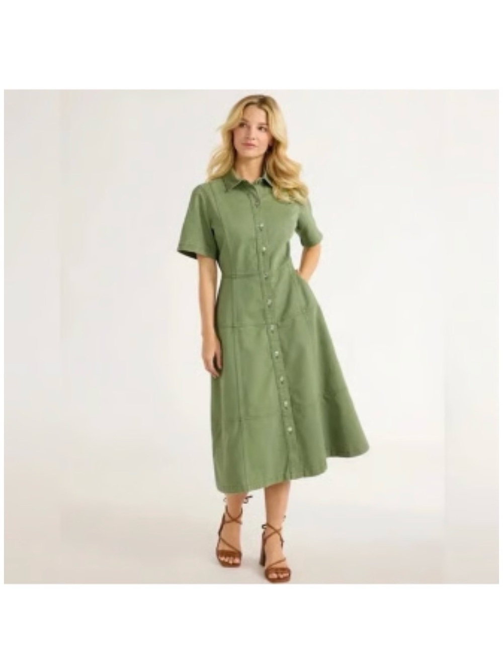 Button-Front Olive Green Midi Shirt Dress